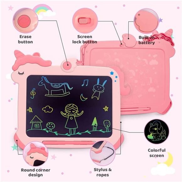 LCD Writing Tablet for Kids, Unicorn Colorful Screen Doodle Board, Erasable - Picture 3 of 7